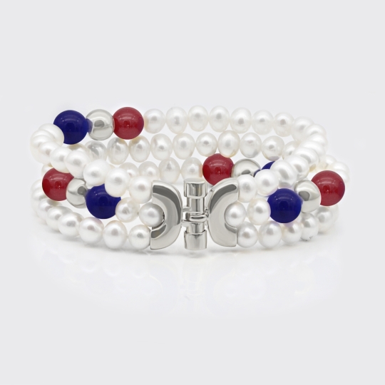 dreireihiges Armband - Perlen, Lapi, rote Jade